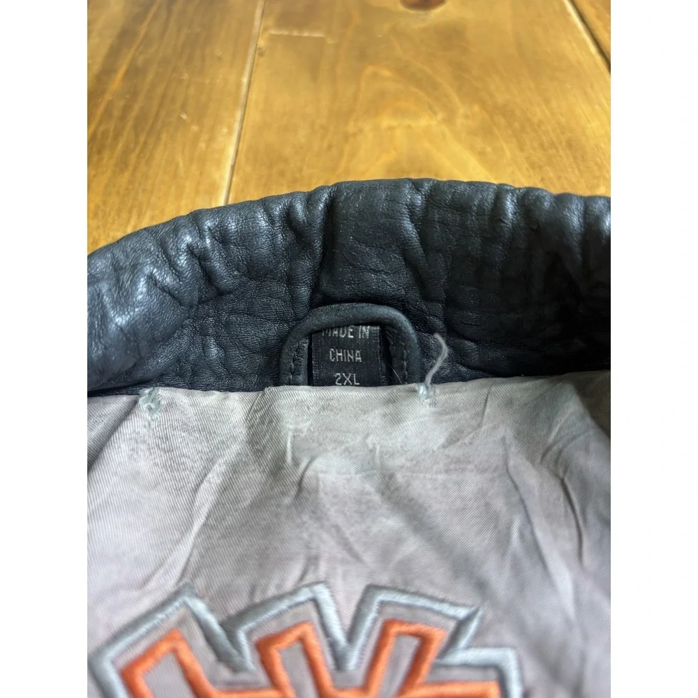 DAVOUCCI Men's 2XL Black Gray Leather Bomber Jacket Embroidered Patches Vintage